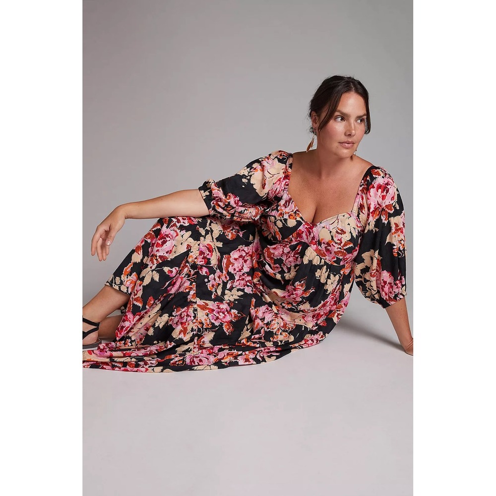 Anthropologie Blossom Maxi Dress Floral Puff Sleeve Smocked Tiered Black Pink M